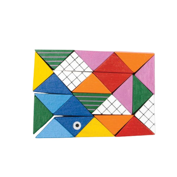 Colorful wooden tangram puzzle on a white background