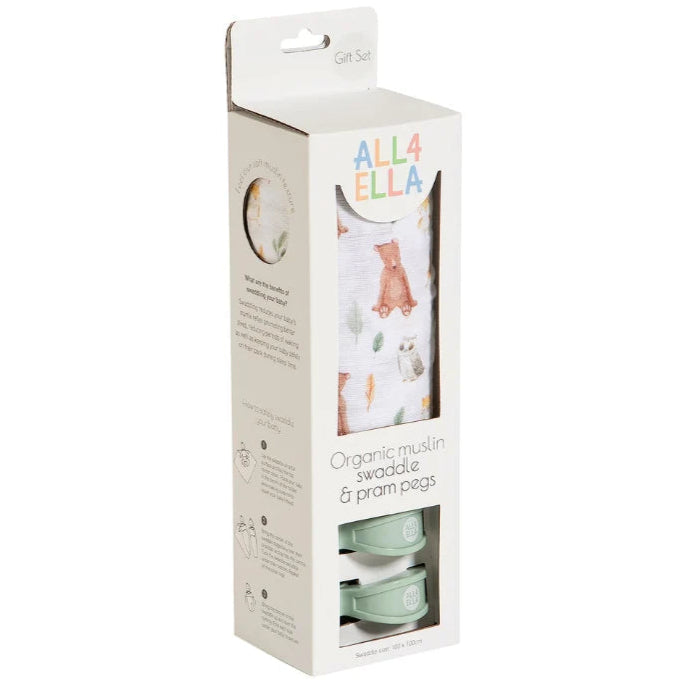 Packaging of All4Ella organic muslin swaddle and pram pads on a white background