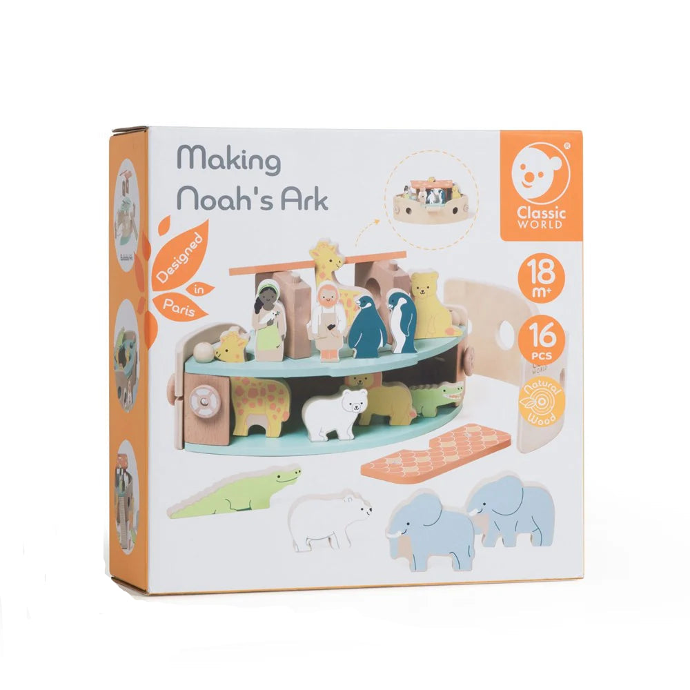 Box of 'Making Noah's Ark' toy set with illustrations of animals and people on a white background.