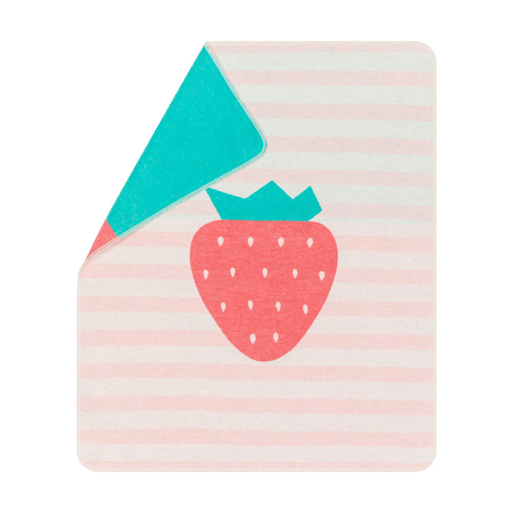 Striped blanket with a strawberry design on a white background