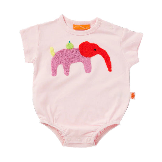 Pink baby romper with a colorful elephant design on a white background