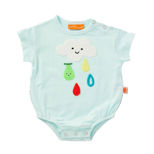 Light blue baby romper with cloud and raindrop design on a white background