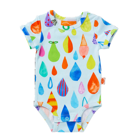 Colorful baby onesie with abstract pattern on a white background