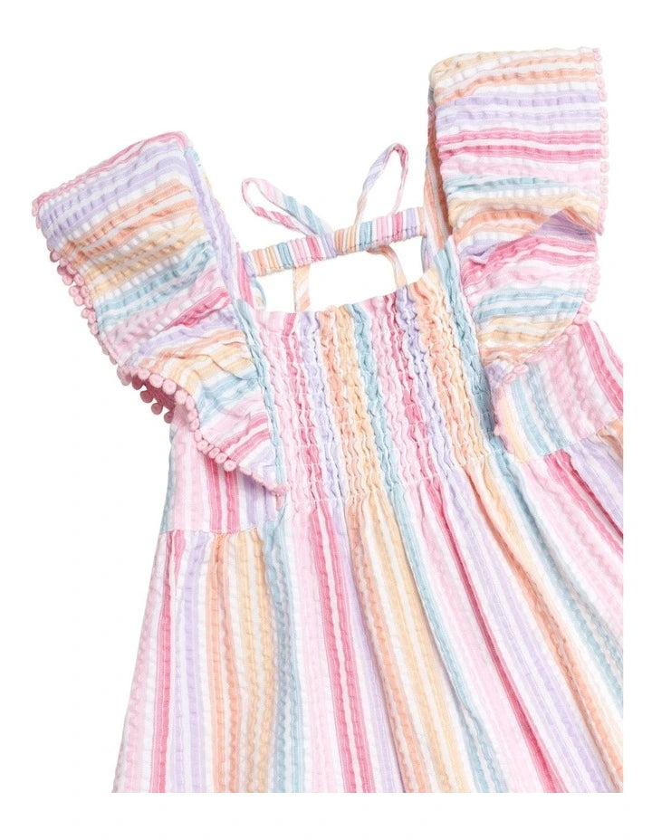 Huxbaby Dress Shirred Frill Rainbow Stripe