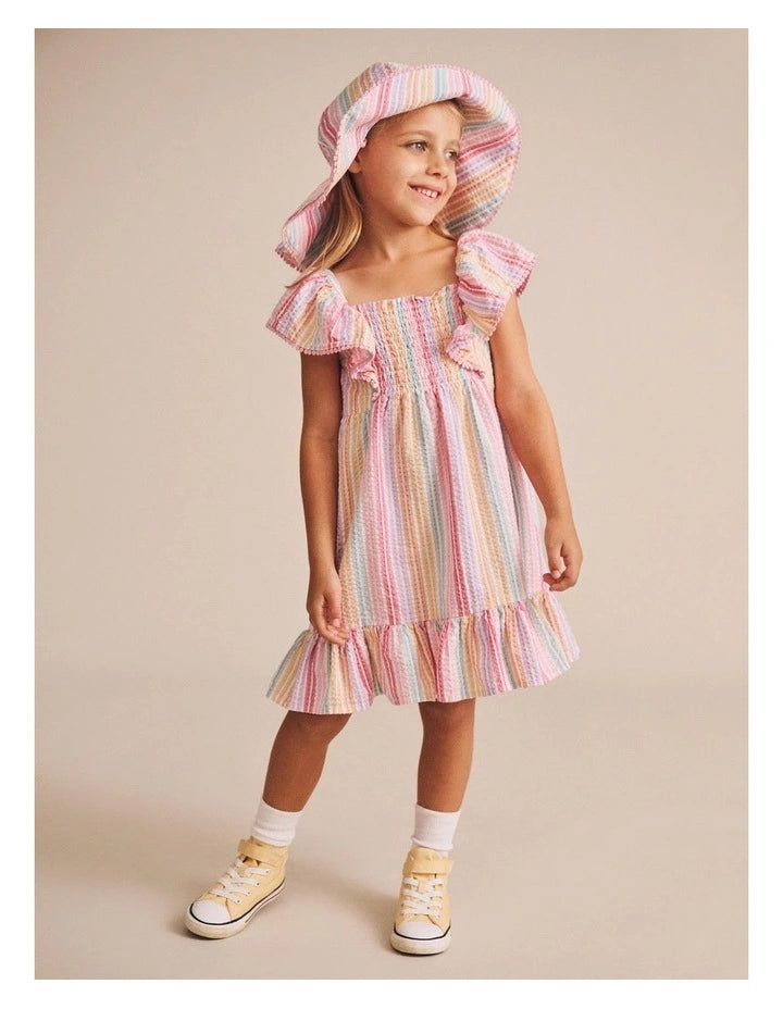 Huxbaby Dress Shirred Frill Rainbow Stripe