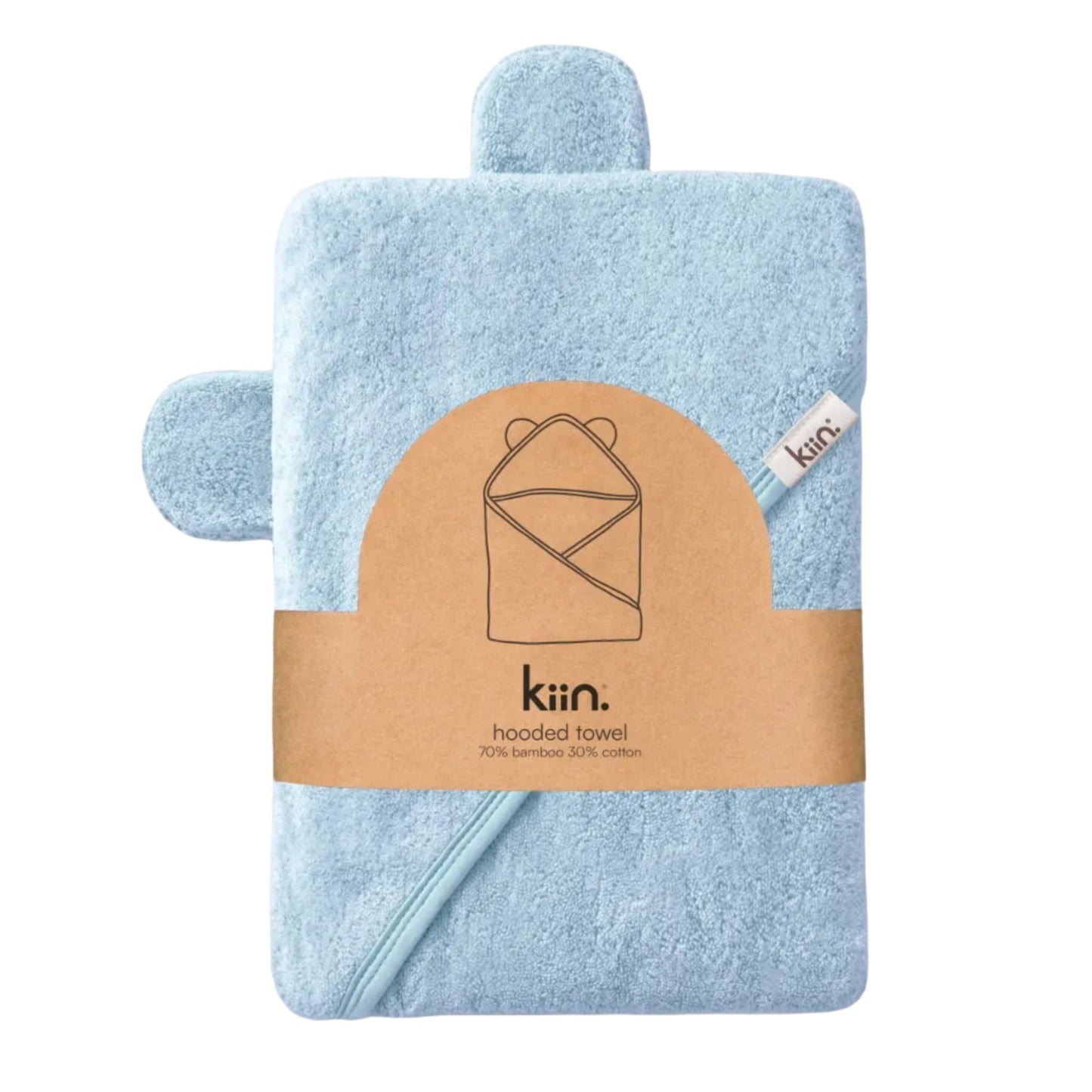 A light blue hooded baby towel with ear loops, wrapped in a brown paper band with the brand name 'kiin.' and a line drawing of a hooded towel, on a light beige textured background.