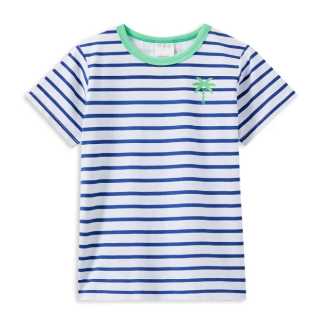 Blue and white striped t-shirt with a green logo on a white background