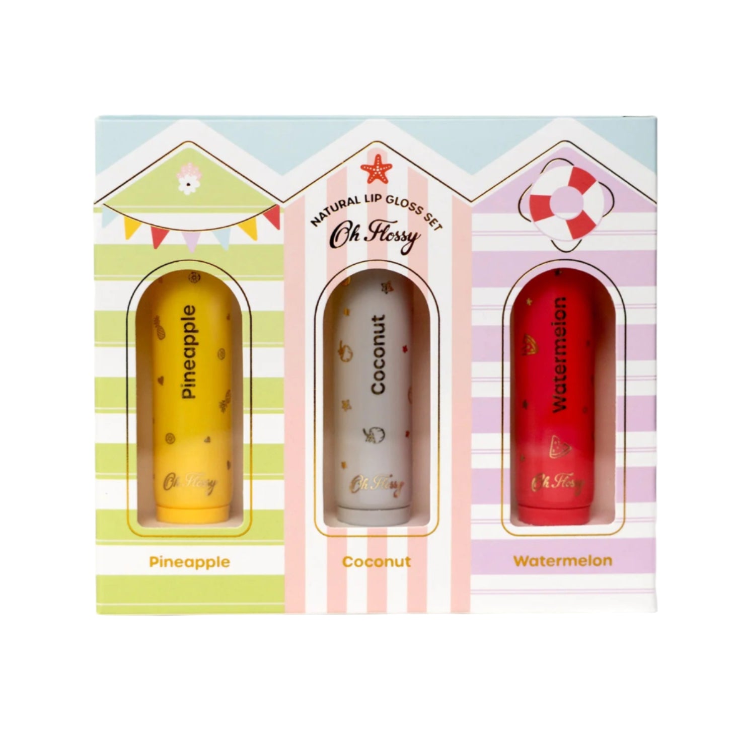 Set of three lip glosses in a beach hut-shaped packaging with 'Oh Ferry' branding.