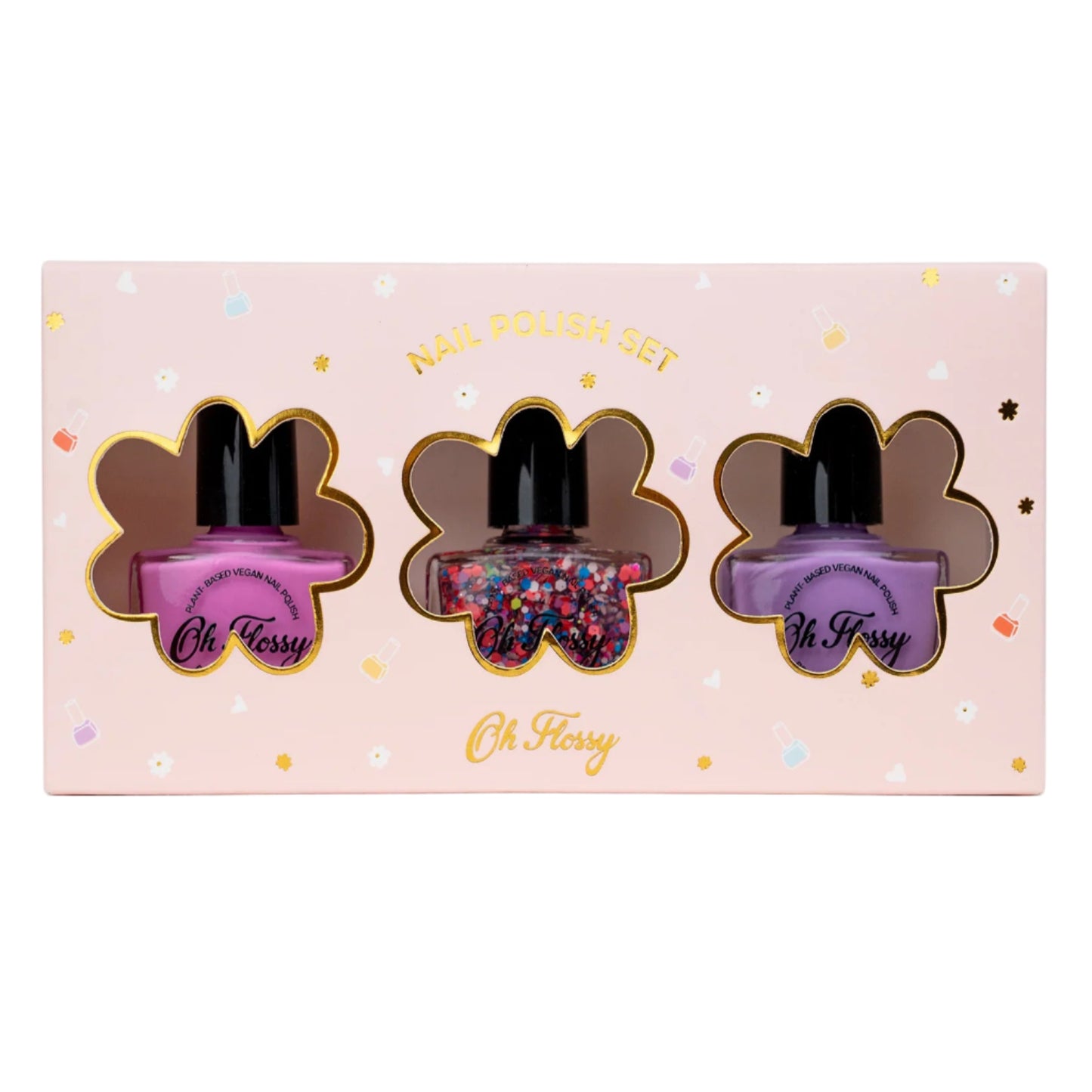 Three nail polish bottles in a decorative box with 'Oh Fessy' branding on a pink background.