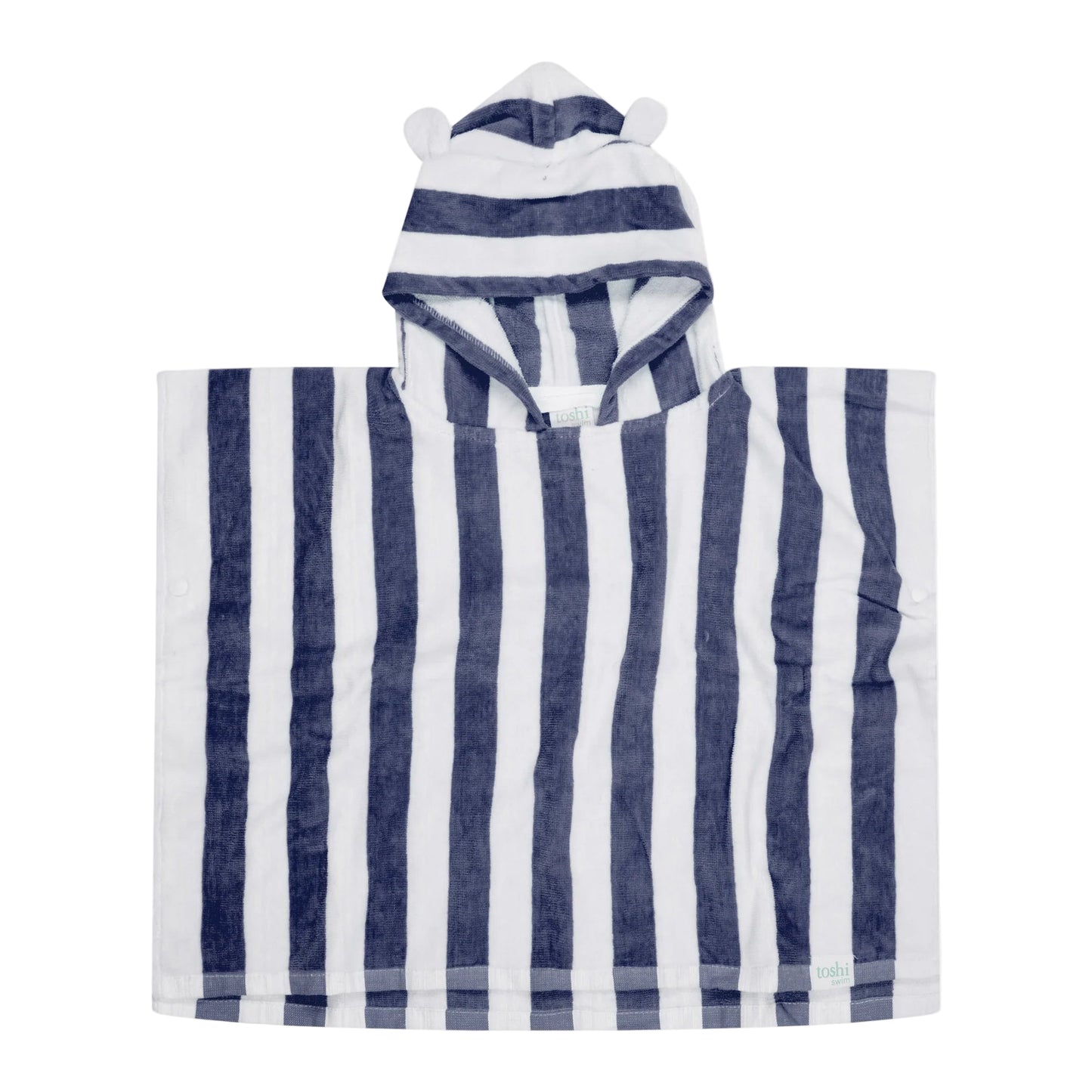 Blue and white striped hooded towel with UPF 50+ sun safety label on a white background