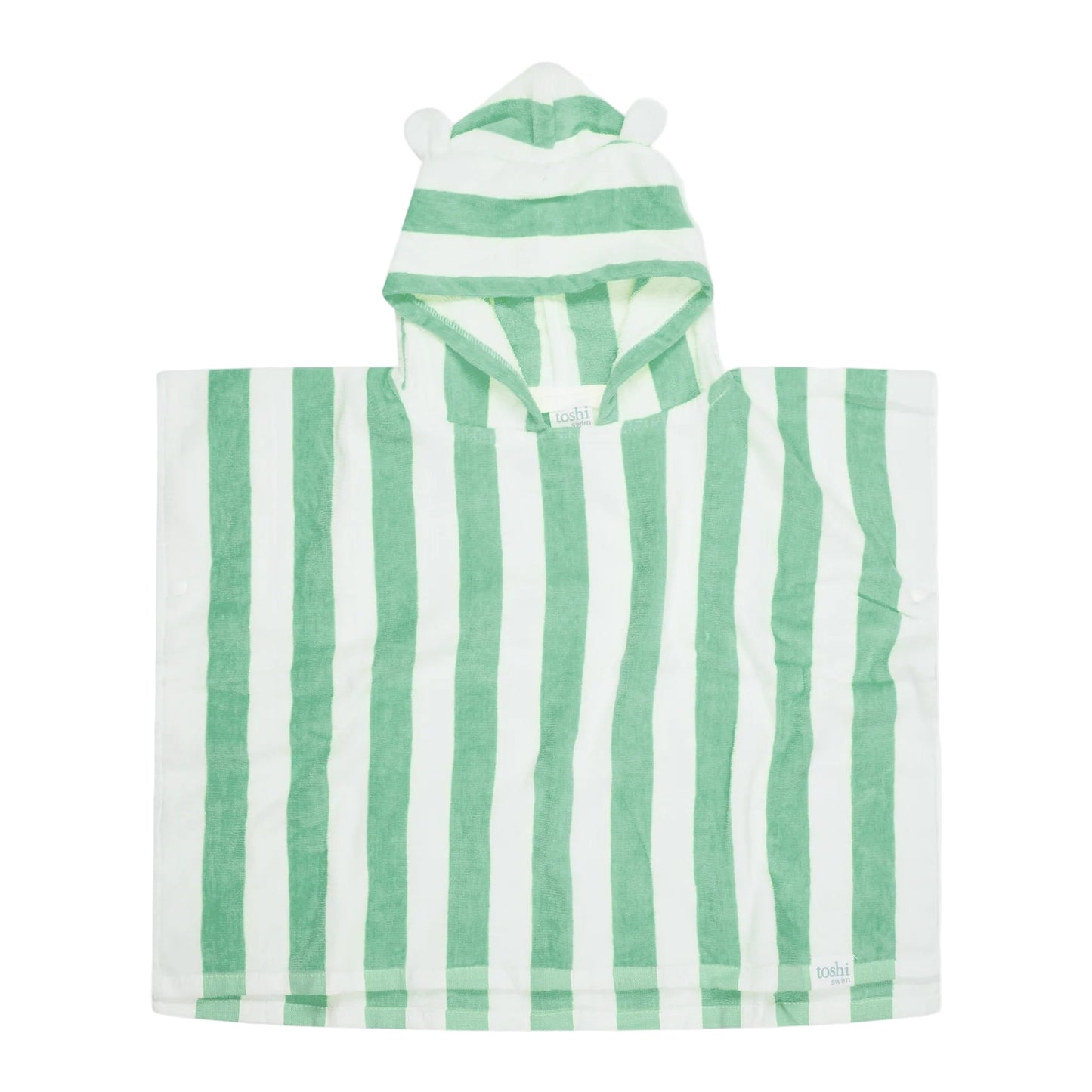 Green and white striped towel with hood on a white background, featuring UPF 50+ sun safety label.