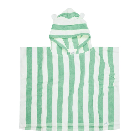 Green and white striped towel with hood on a white background, featuring UPF 50+ sun safety label.