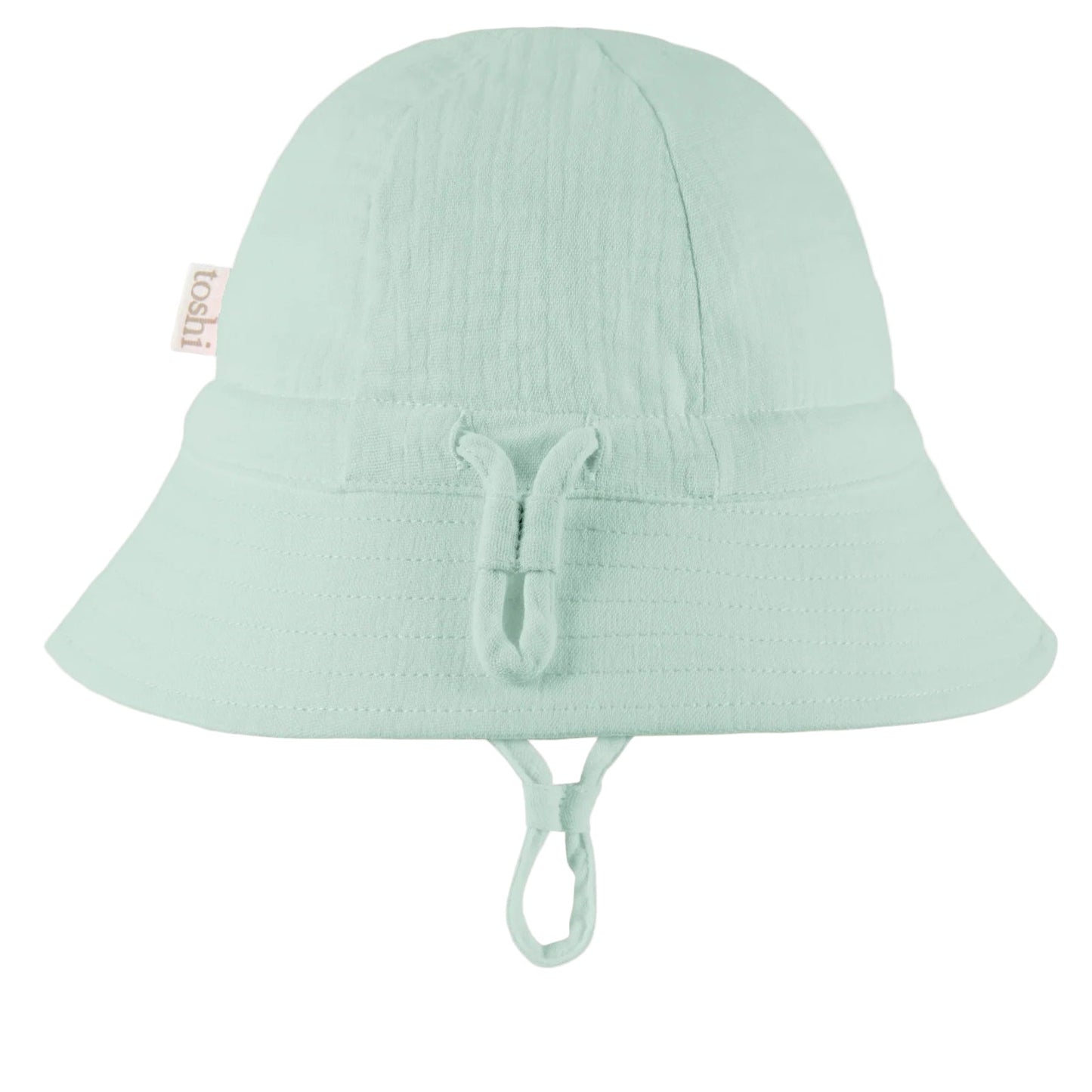 Light green bucket hat with UPF 50+ sun safety label on a white background