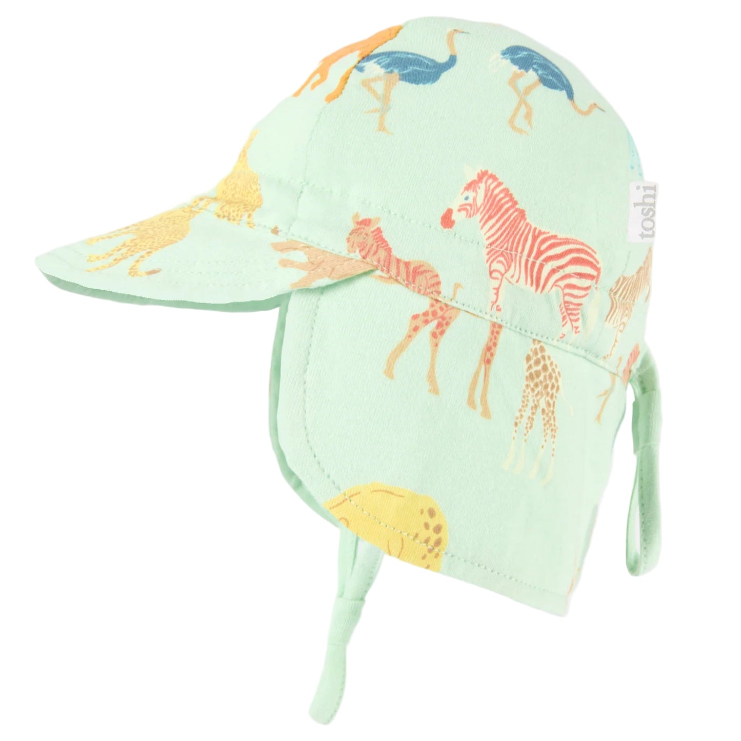 Children's sun hat with animal pattern and UPF 50+ label on a white background