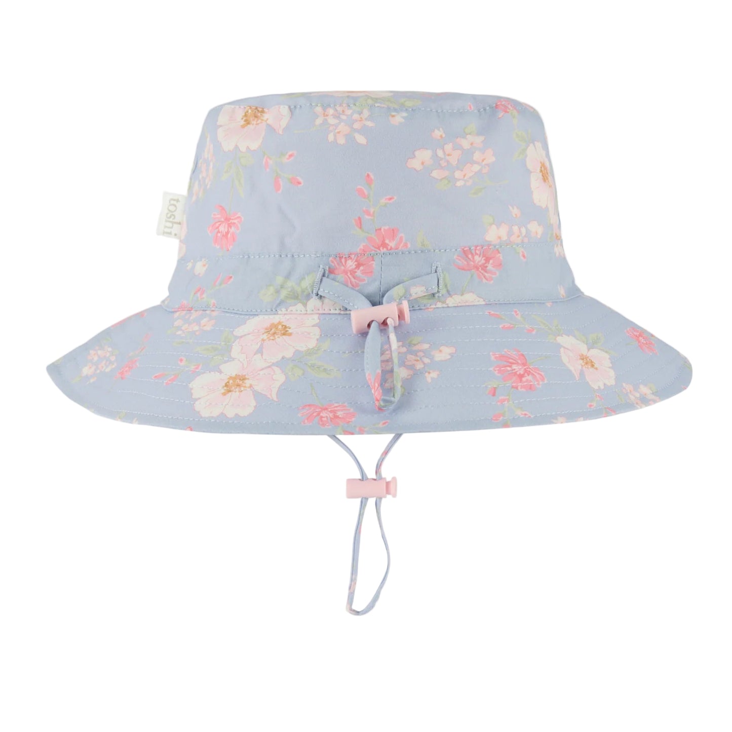 Floral-patterned sun hat with UPF 50+ label on a white background