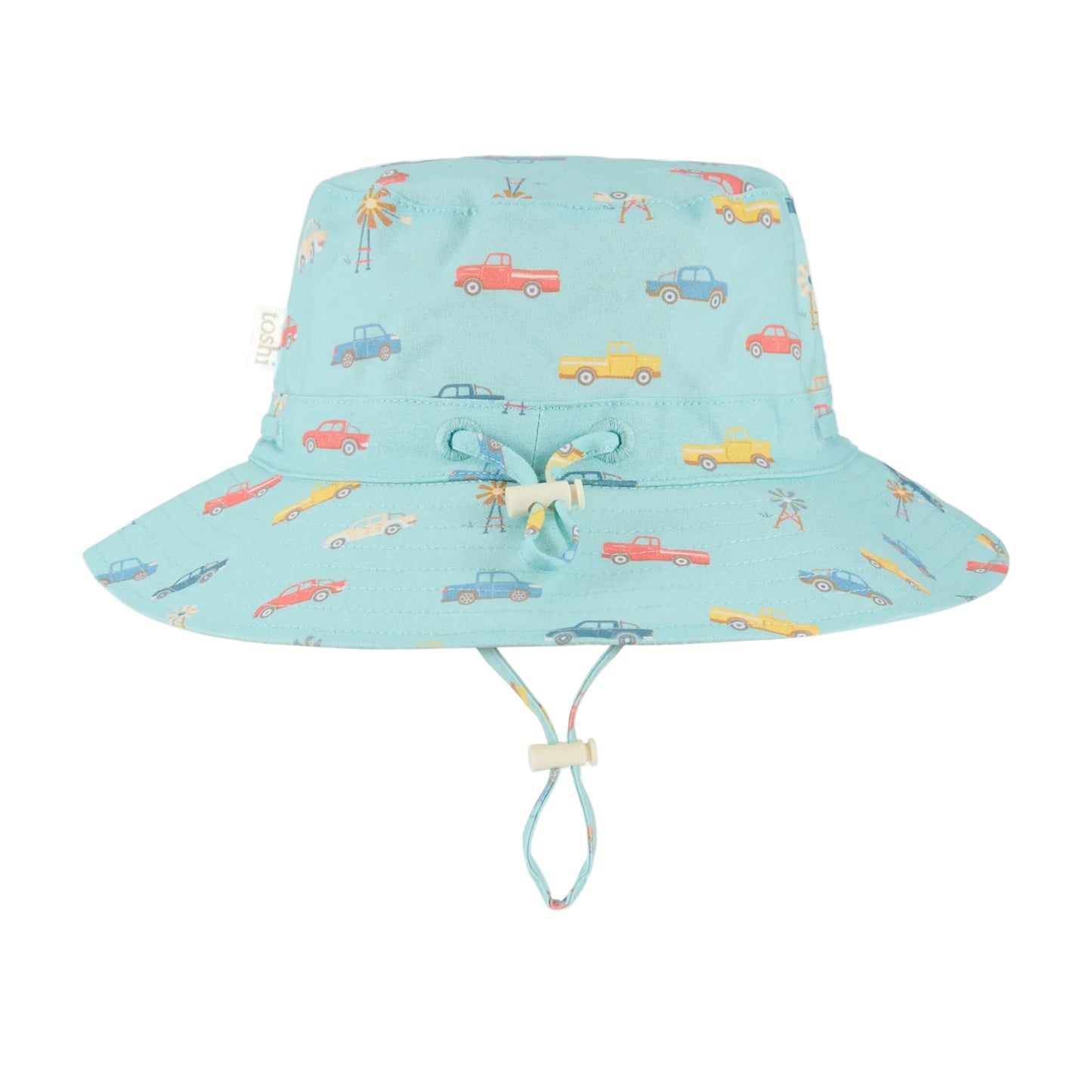 Children's sun hat with car pattern and UPF 50+ label on a light blue background