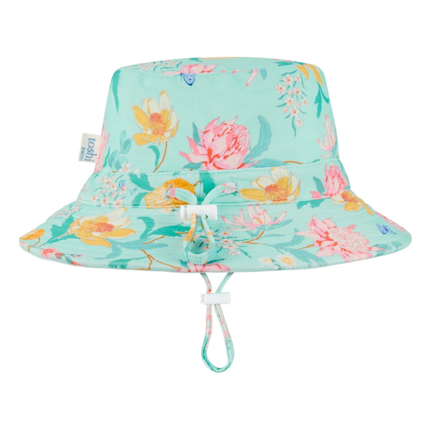 Floral-patterned bucket hat with UPF 50+ label on a light blue background
