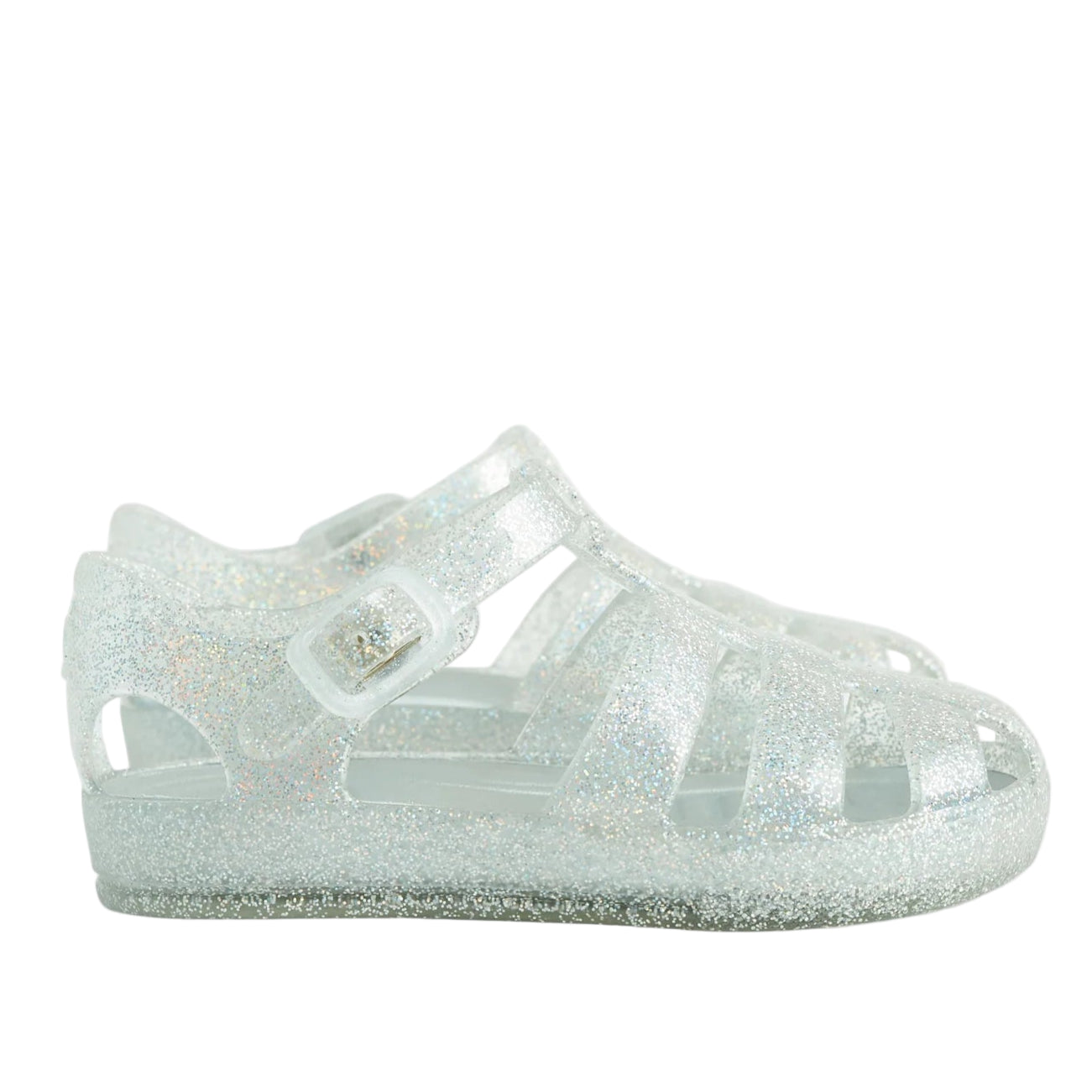 Clear glittery shoe on a white background
