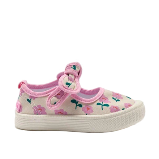 Floral-patterned children's shoe with pink straps on a white background