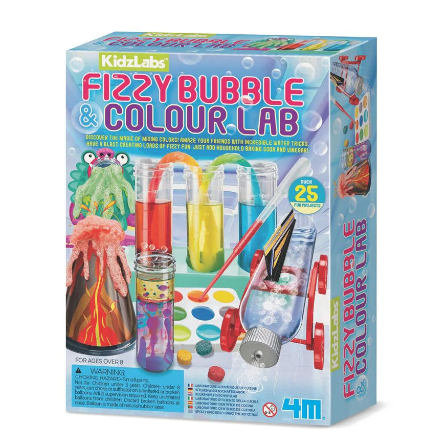 Fizzy bubble and colour lab kit with colorful bottles and containers on a white background