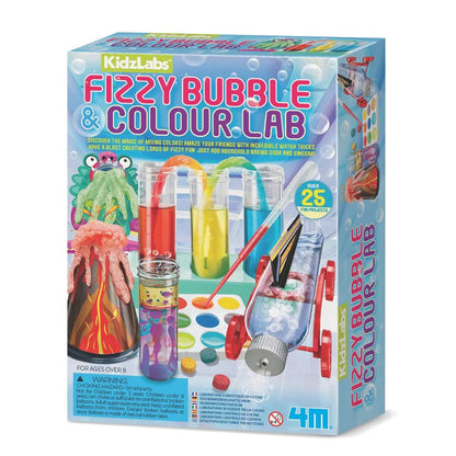 Fizzy bubble and colour lab kit with colorful bottles and containers on a white background