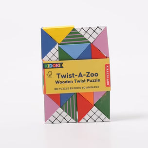 Wooden twist puzzle packaging with colorful geometric design on a white background