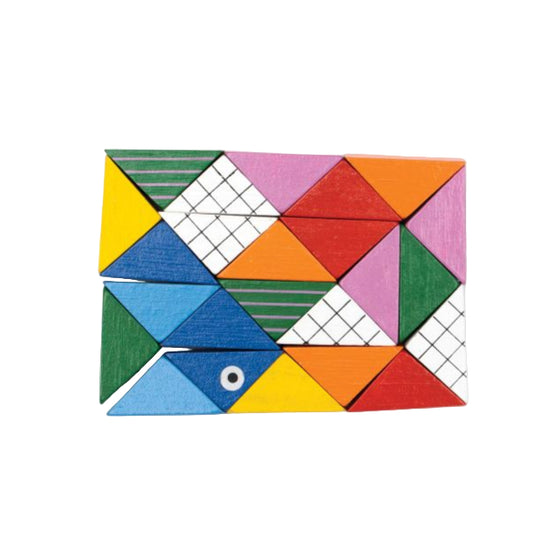 Colorful wooden tangram puzzle on a white background