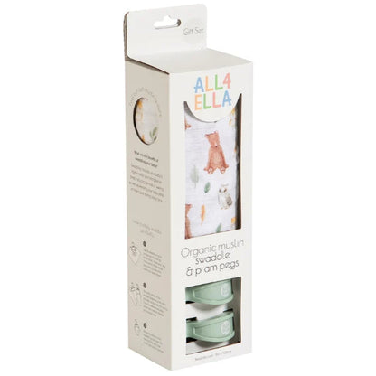 Packaging of All4Ella organic muslin swaddle and pram pads on a white background