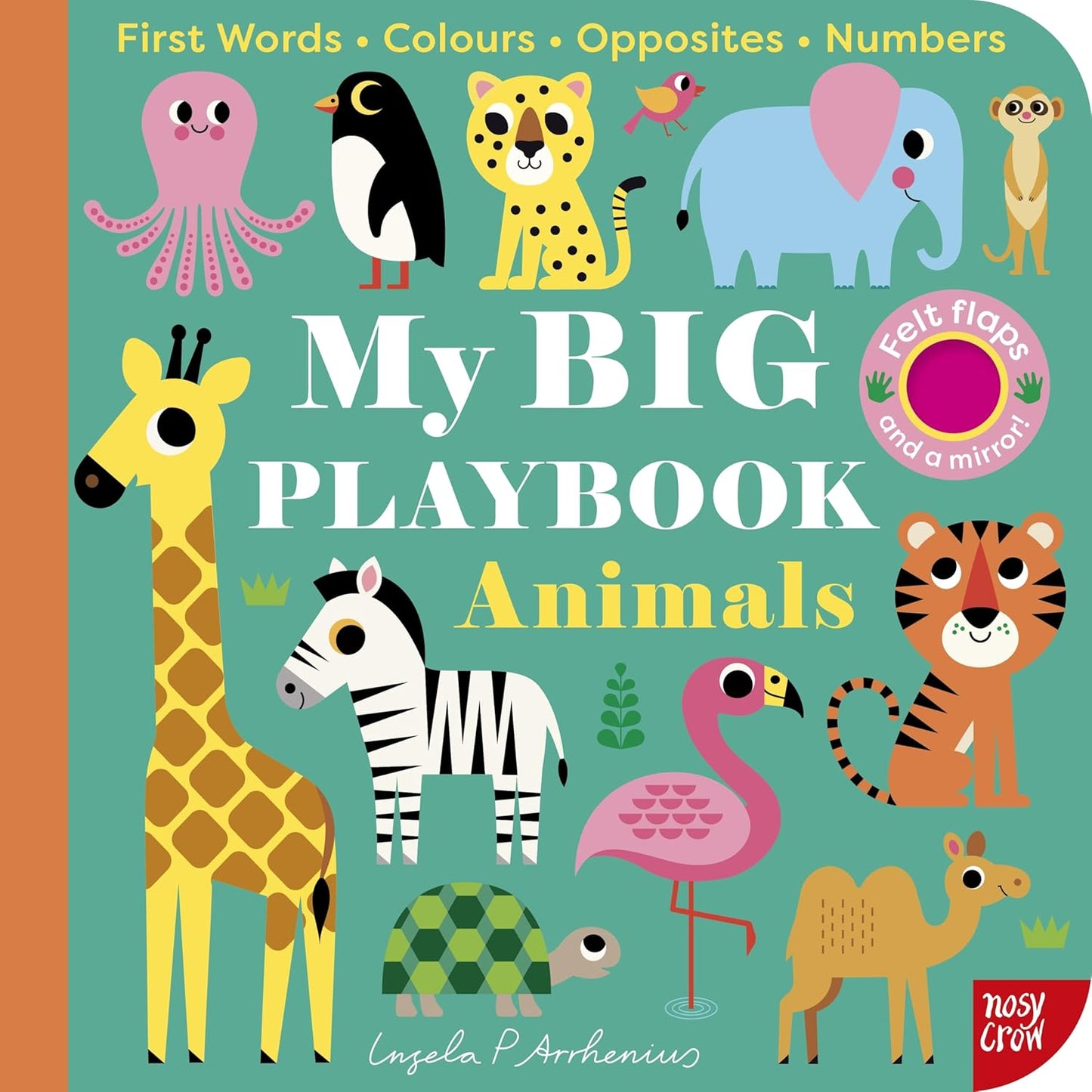 Children's book cover titled 'My Big Playbook Animals' with colorful animal illustrations on a teal background.