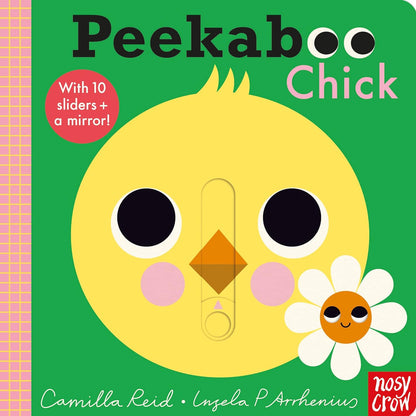 Book cover of 'Peekaboo Chick' with a yellow chick illustration on a green background.