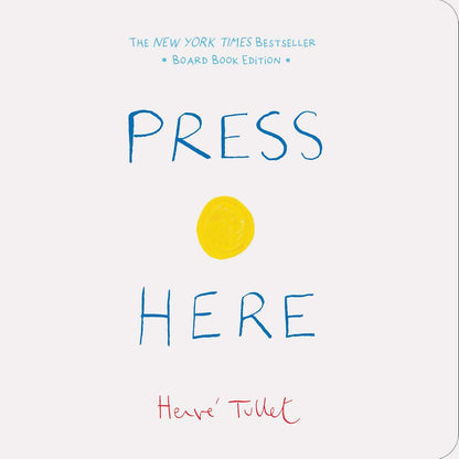 Board book cover of 'Press Here' with blue text and a yellow circle on a white background.