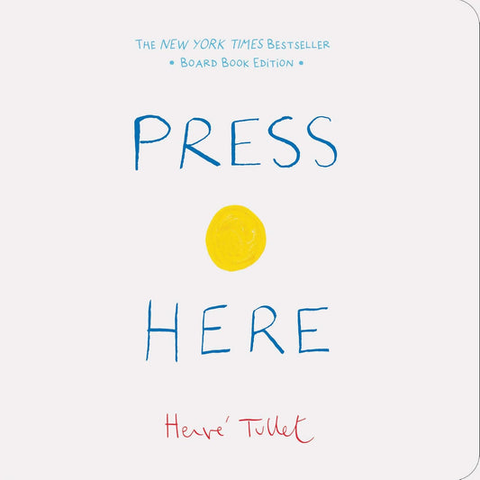 Board book cover of 'Press Here' with blue text and a yellow circle on a white background.