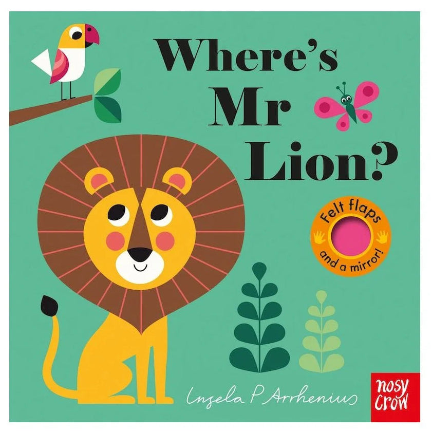 Book cover of 'Where's Mr Lion?' with a lion illustration and colorful design.