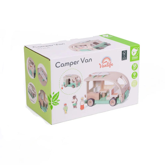 Box packaging of a toy camper van with 'Vantlife' branding on a white background