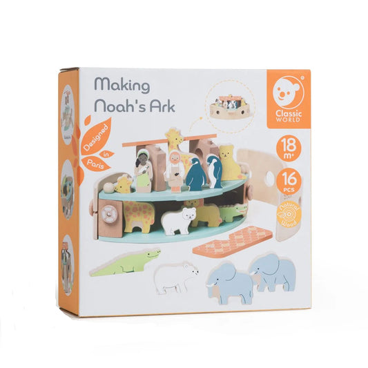 Box of 'Making Noah's Ark' toy set with illustrations of animals and people on a white background.