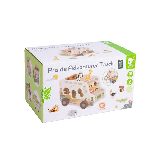 Box packaging of a Prairie Adventurer Truck toy on a white background