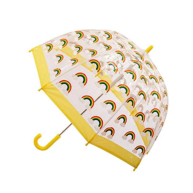 Heart-shaped umbrella with rainbow pattern on a white background