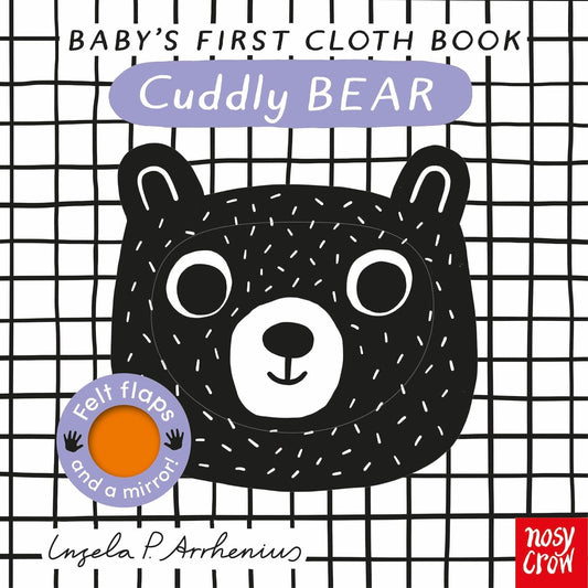 Book cover of 'Cuddly Bear' baby's first cloth book with a black bear face on a grid background.