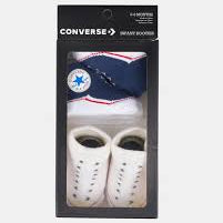 Converse shoe packaging with a navy cap and white shoes on a black background