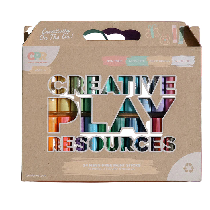 Box of 'Creative Play Resources' on a colorful background