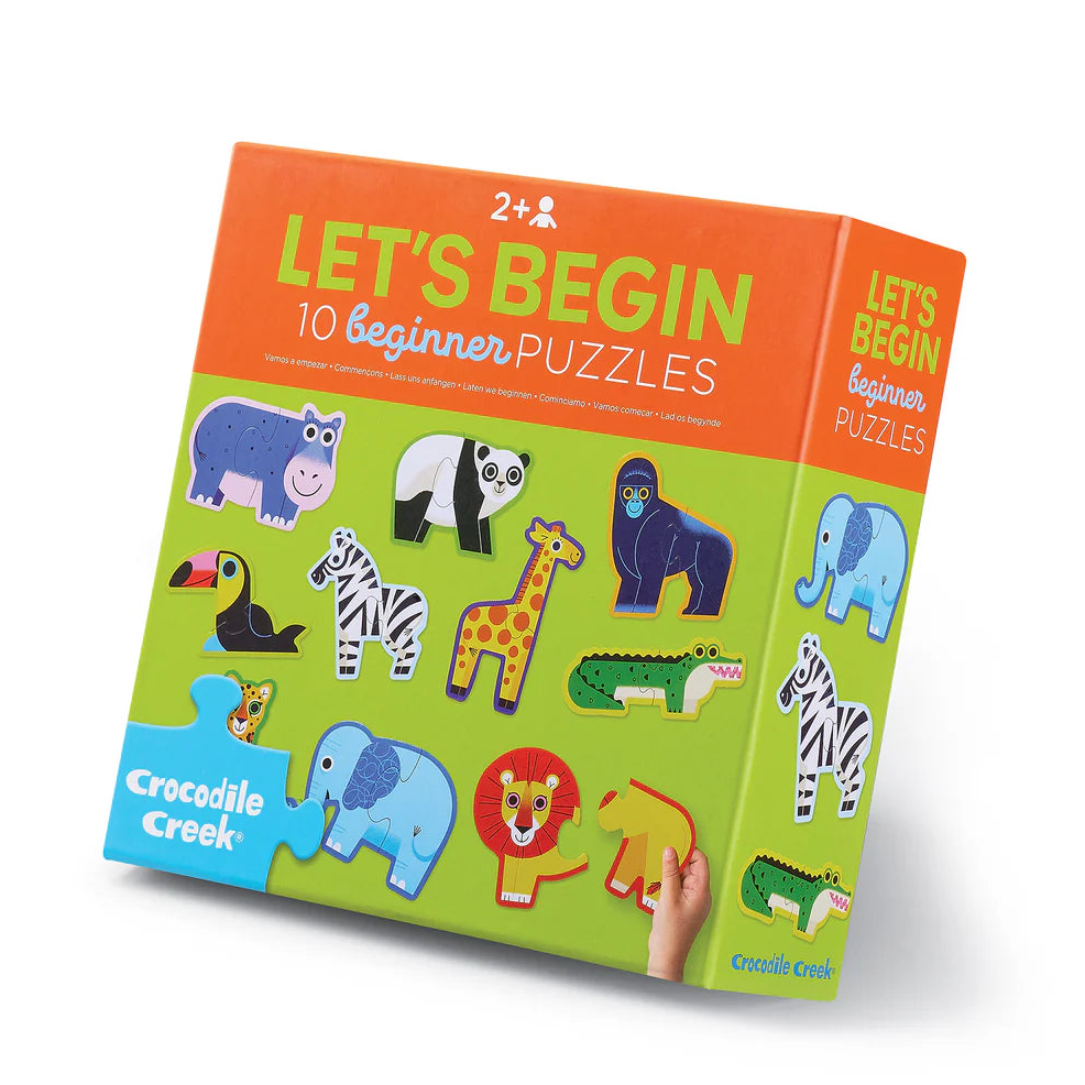 Children's puzzle book titled 'Let's Begin 10 Beginner Puzzles' with colorful animal illustrations on a white background.