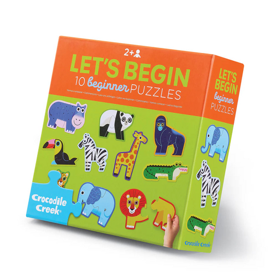 Children's puzzle book titled 'Let's Begin 10 Beginner Puzzles' with colorful animal illustrations on a white background.