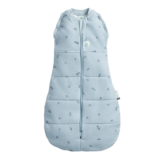Light blue baby sleeping bag with subtle pattern on a white background