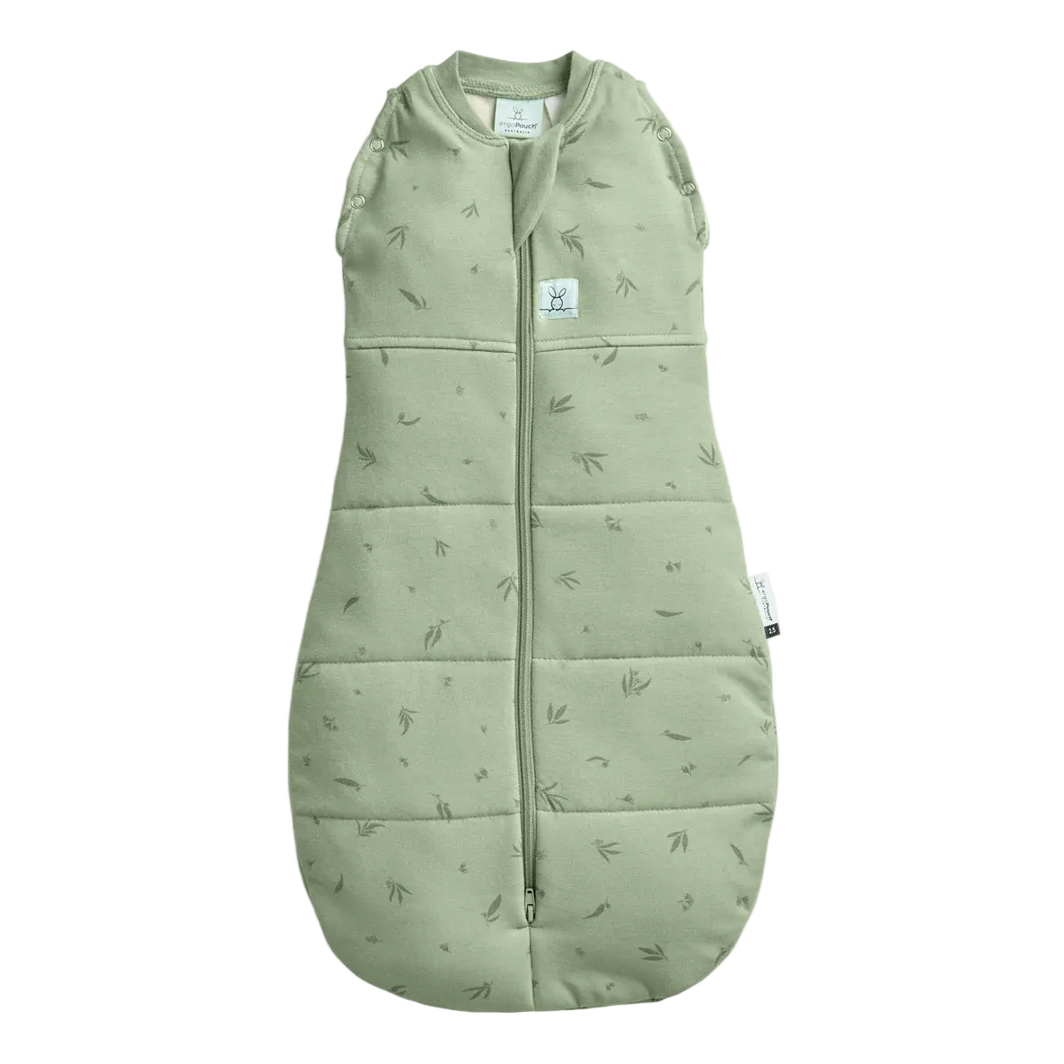 Green baby sleeping bag with leaf pattern on a white background