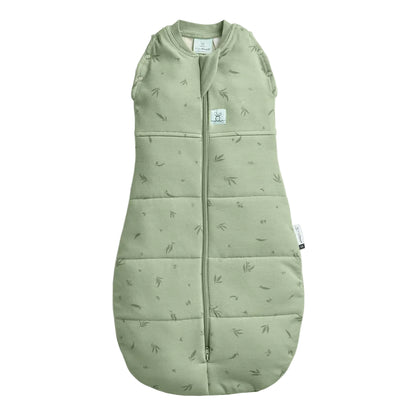 Green baby sleeping bag with leaf pattern on a white background