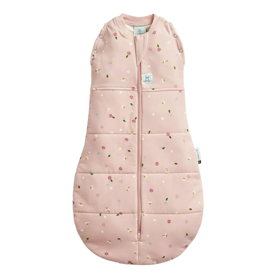 Pink baby sleeping bag with floral pattern on a white background