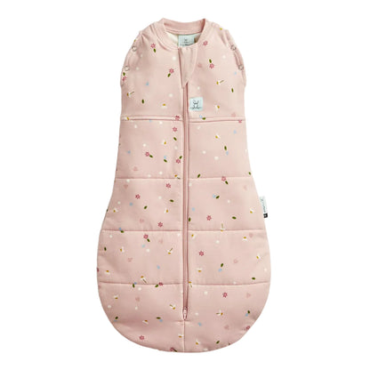 Pink baby sleeping bag with floral pattern on a white background