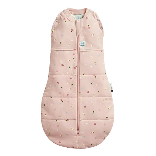Pink baby sleeping bag with floral pattern on a white background
