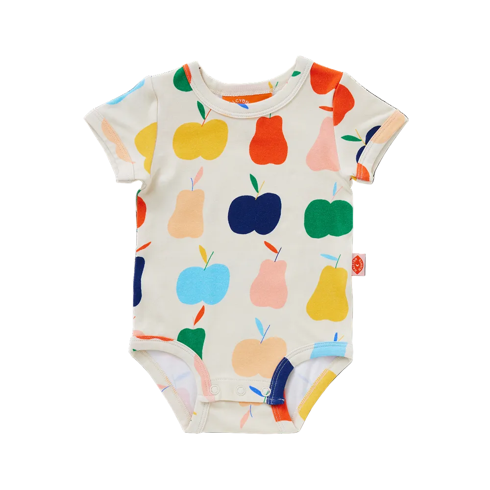 A baby short-sleeve bodysuit in cream with a colorful print of stylized apples and pears in yellow, orange, blue, green, and pink, shown flat on a white background.