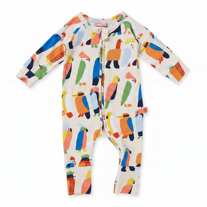 Colorful baby onesie with bird pattern on a white background